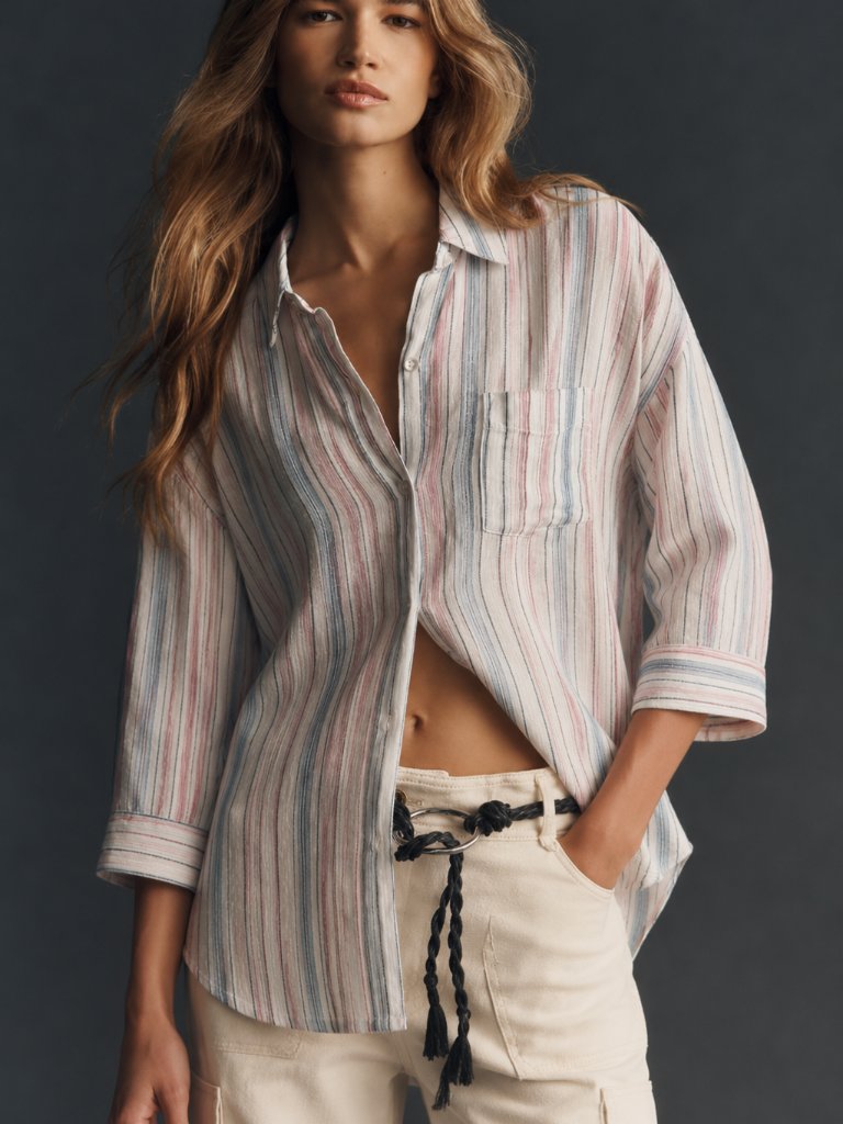 Pilcro Anthropologie Stripe Button Down Shirt M/L Oversized Cotton Viscose